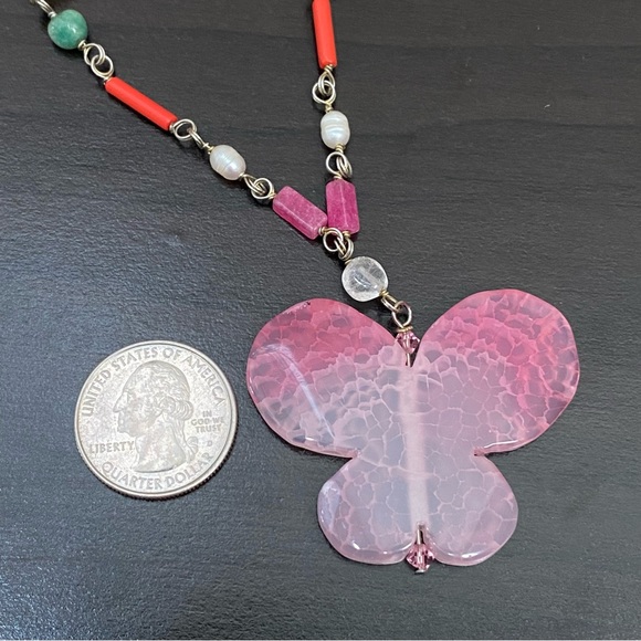 Handmade Pink Butterfly Pendant Genuine Stones Beaded Long Necklace - Picture 11 of 11